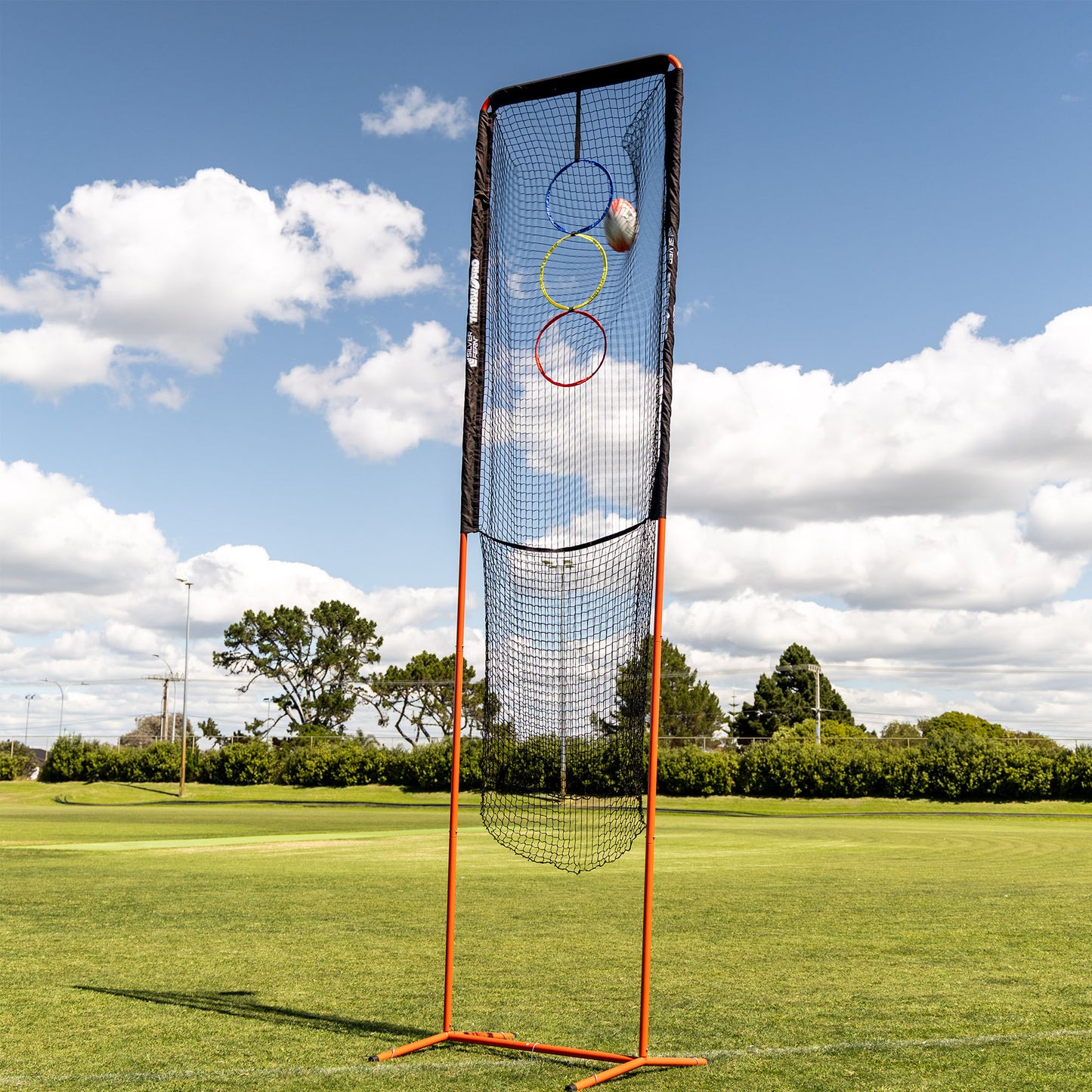 ThrowPro Lineout Throwing Net, lifestyle shot, rugby ball being thrown at the target.