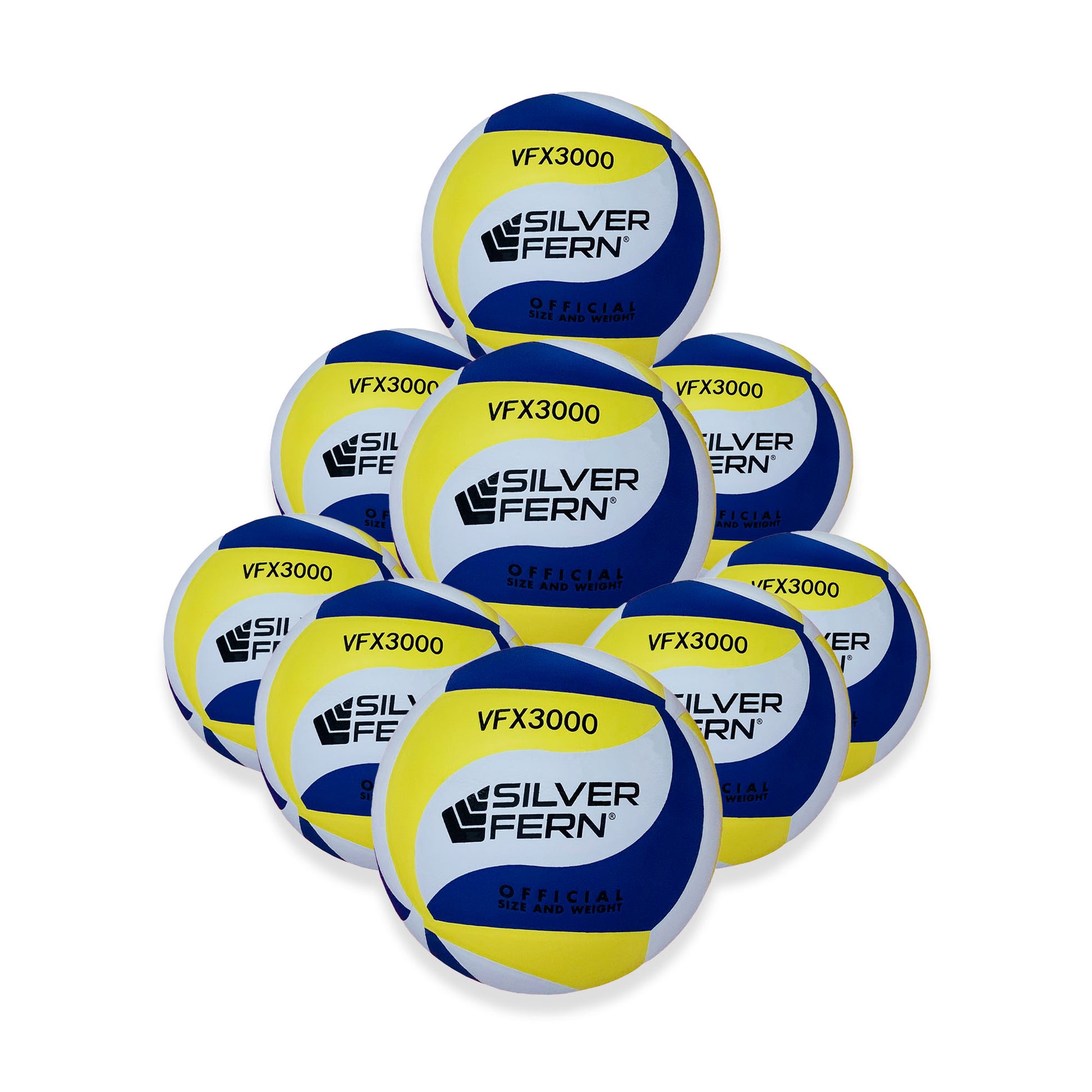 10 ball pack match volleyballs, white background, volleyballs stacked on top of each other