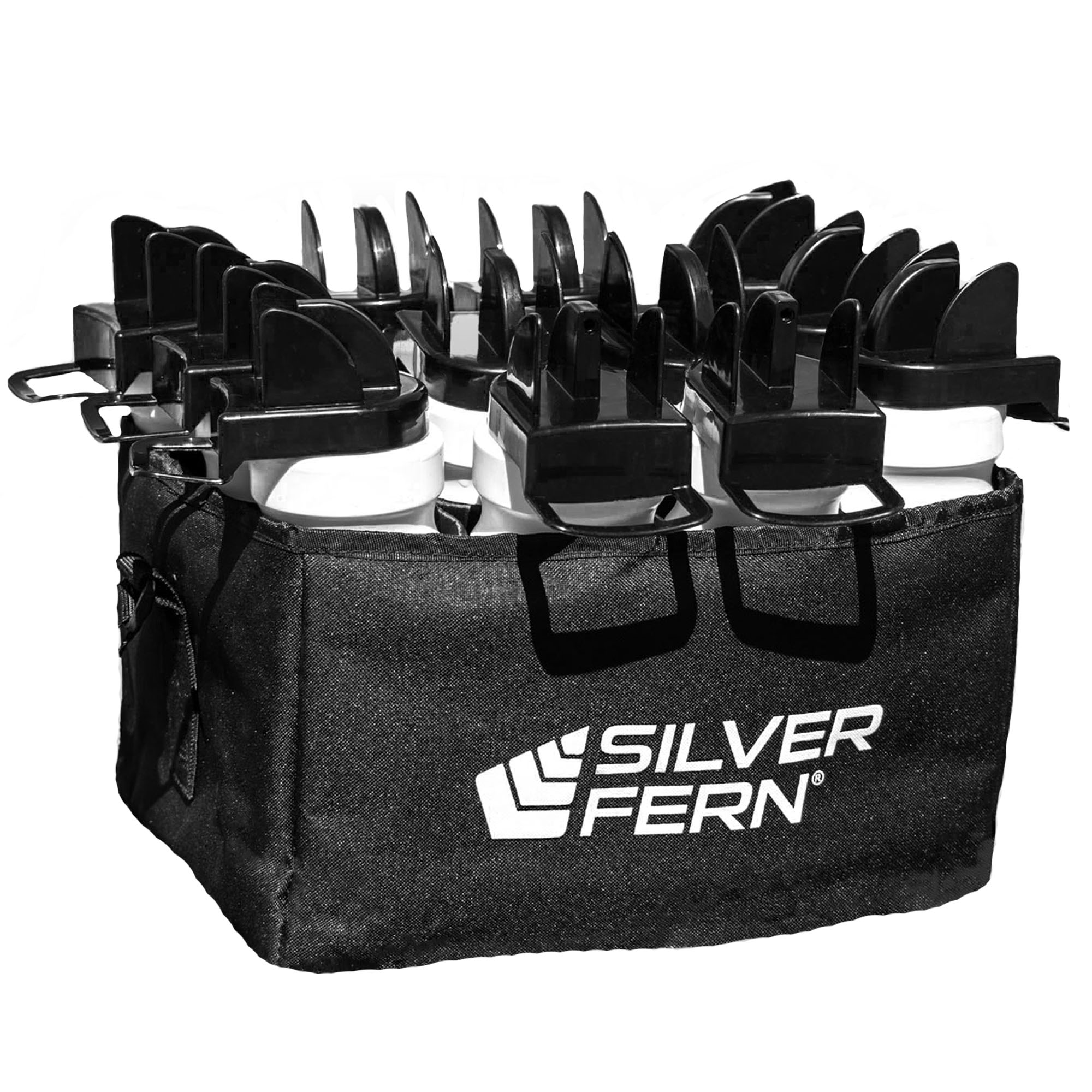 12-Pack Hygiene Bottles With Carrier, Drink Bottles with hygiene caps and chin holder for safe bottle sharing, 12-bottle fabric carrier with removable divider and adjustable carry strap / sling, white background image.