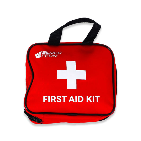 Closed first aid kit, red bag with white cross. 