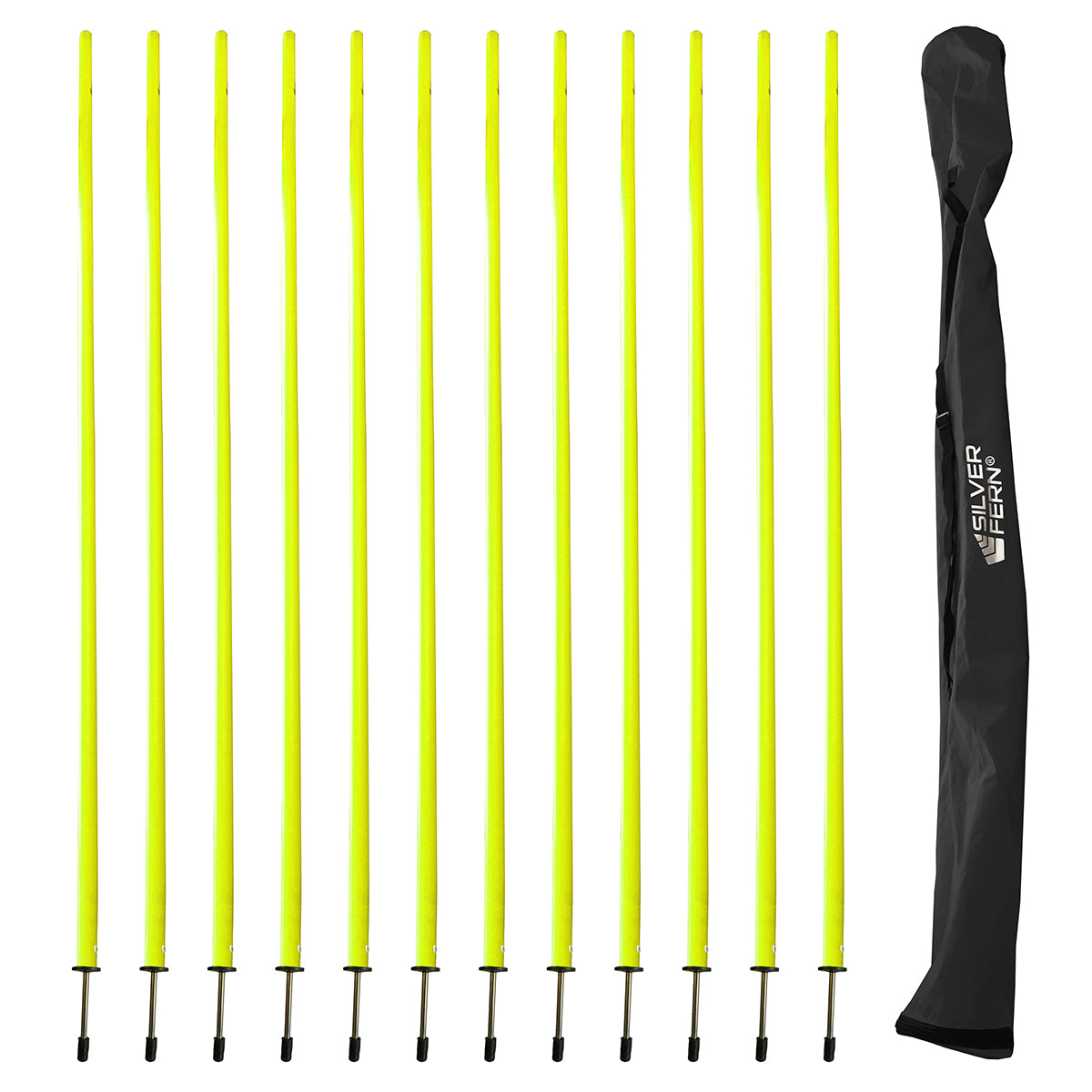 A set of 12 Agility Telescopic Poles, laid side-by-side, white background.