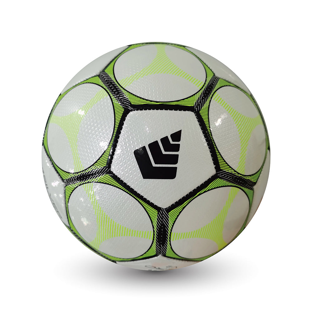 White soccer ball with green patterns and a black logo on a white background