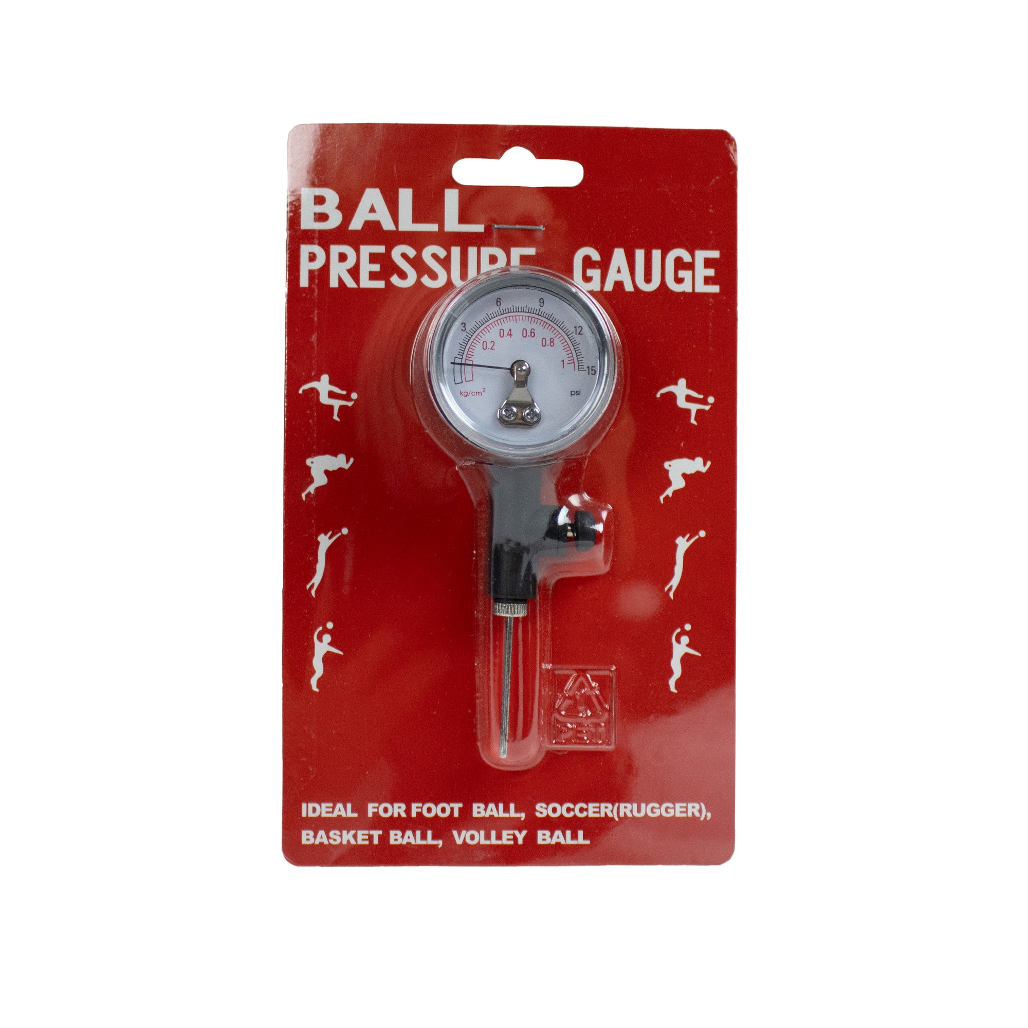 Ball pressure gauge on a red packaging with sports illustrations
