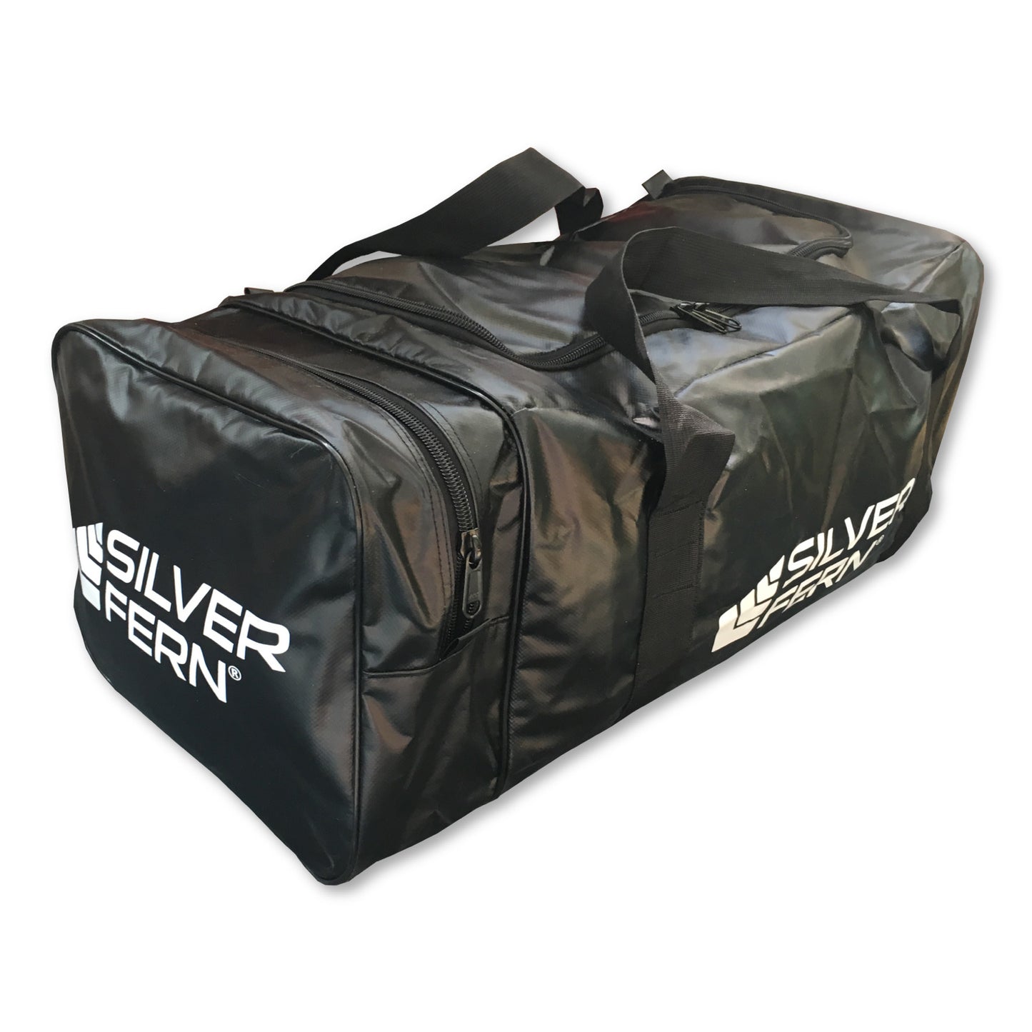 Silver Fern black PVC gear bag size medium w/ end pocket, white background, product showcase