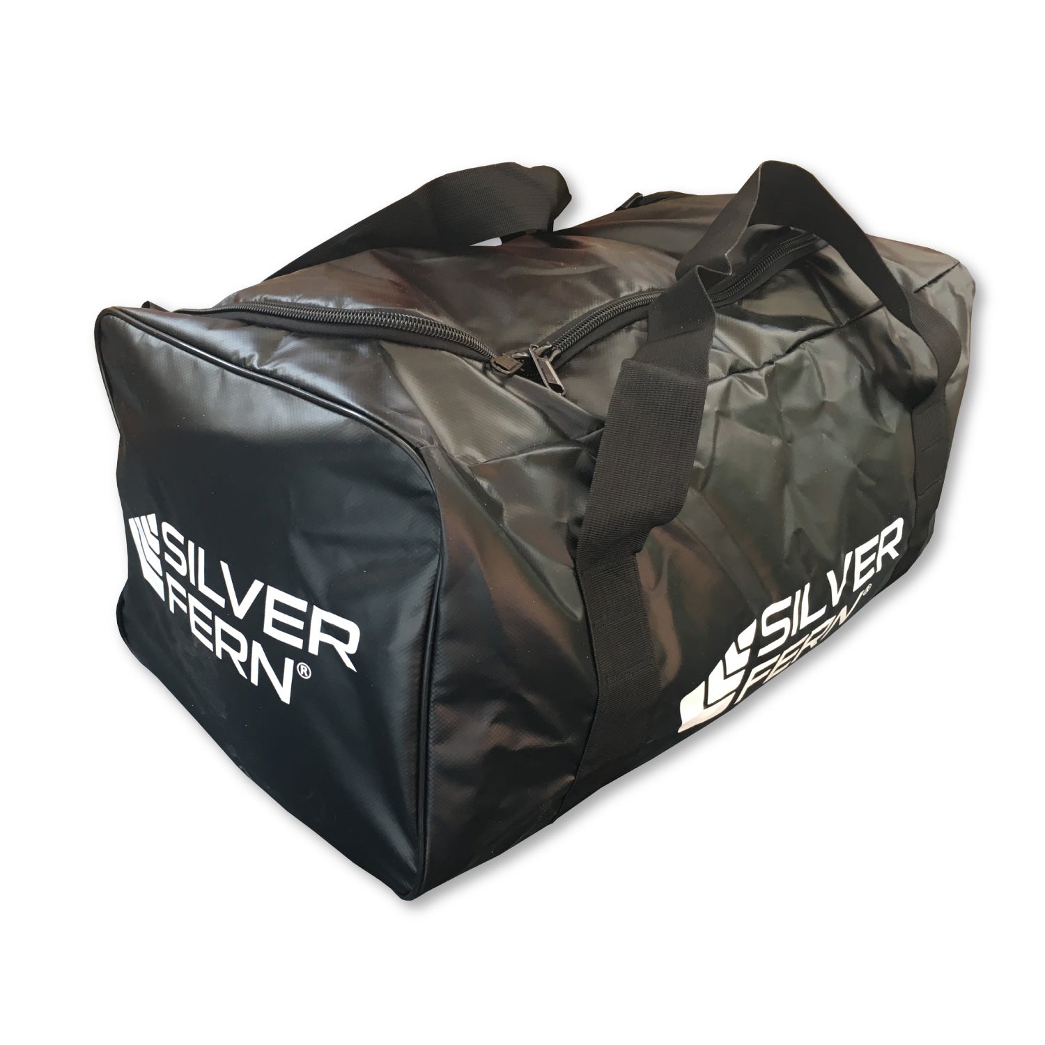 Silver Fern black PVC gear bag size medium, white background, product showcase