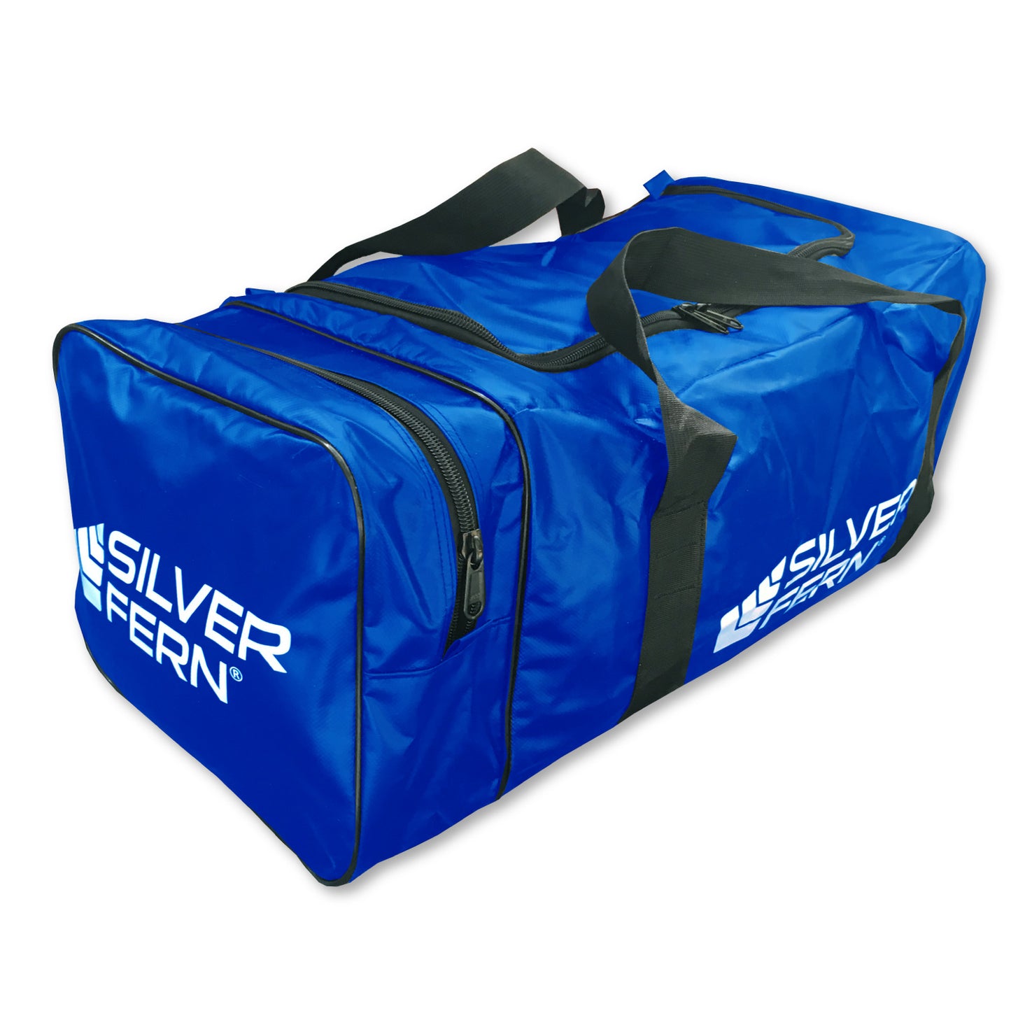 Silver Fern blue PVC gear bag size medium w/ end pocket, white background, product showcase