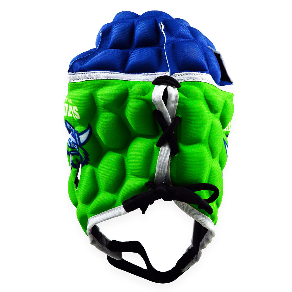 Green and blue helmet with a white strap on a white background