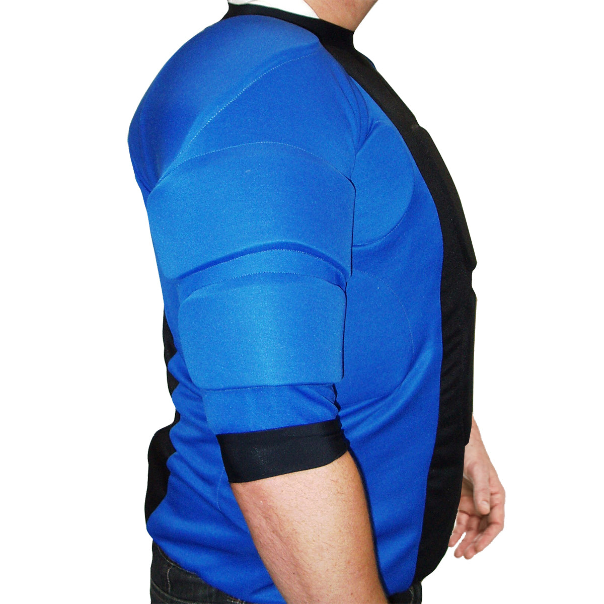 Blue athletic shirt with black accents on a white background