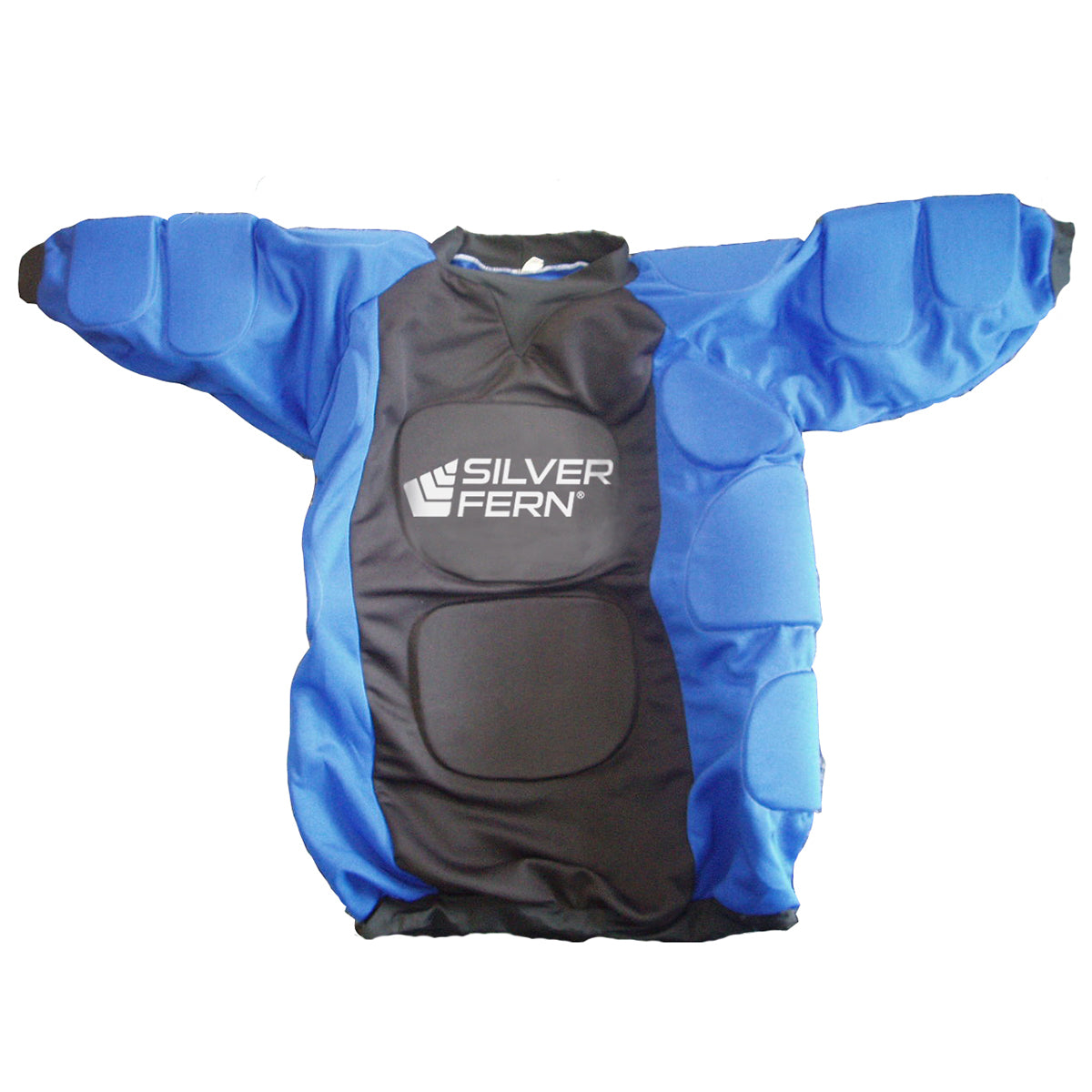 Blue and black protective jacket with 'Silver Fern' logo on a white background