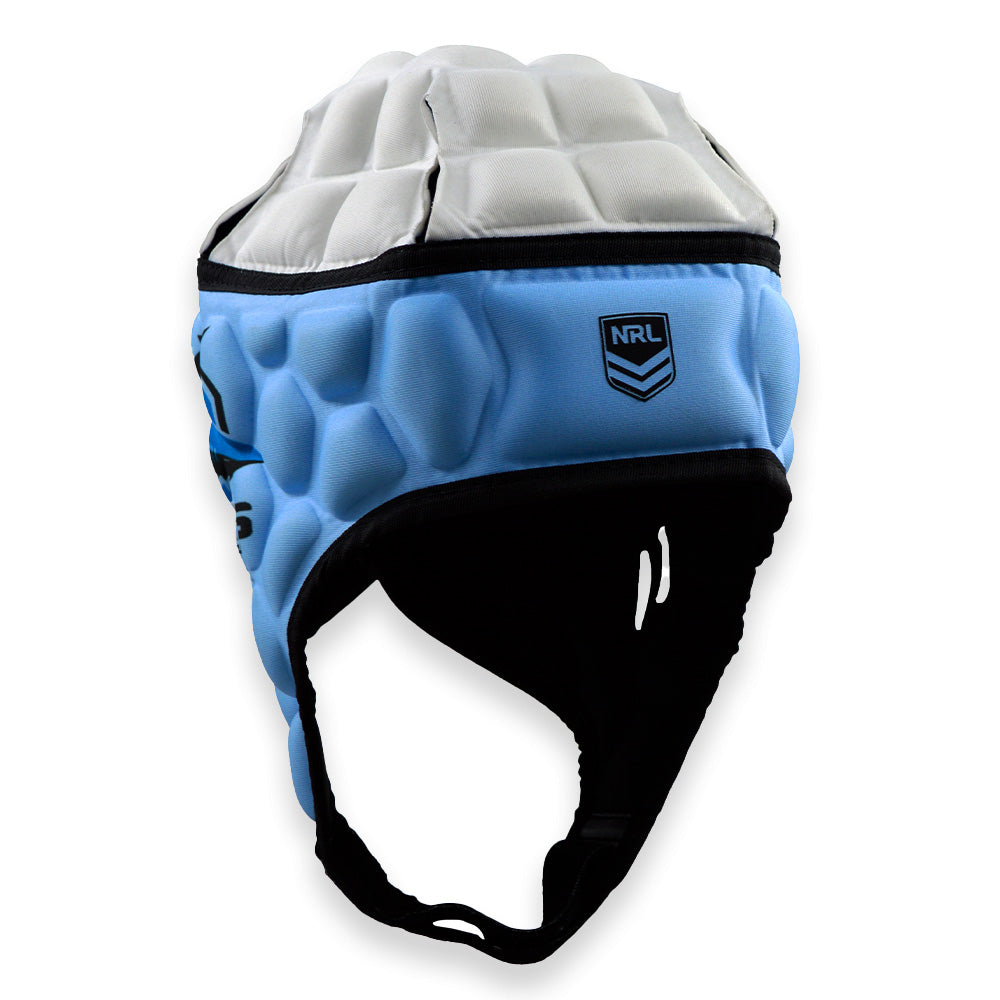 Blue and black rugby helmet with white interior on a white background