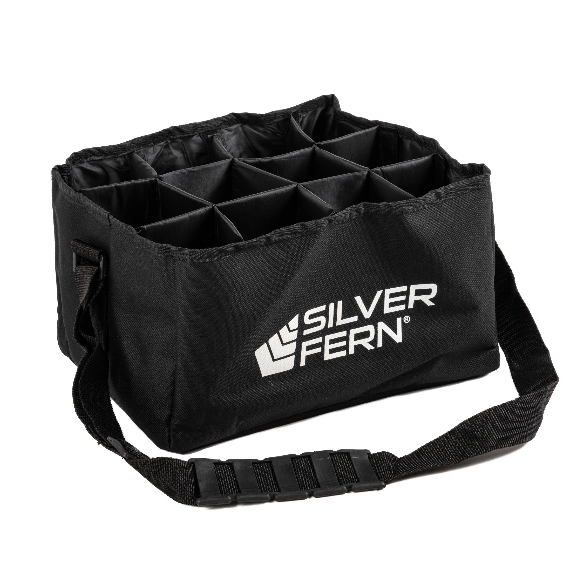 Drink bottle carrier fabric, 12 bottles capacity, empty, white background