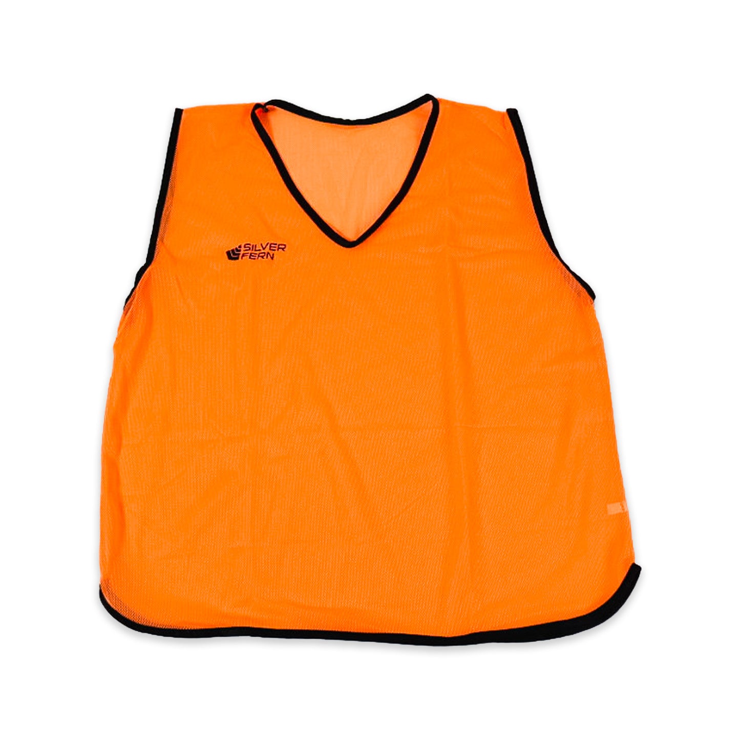 Orange sports bib with black trim on a white background