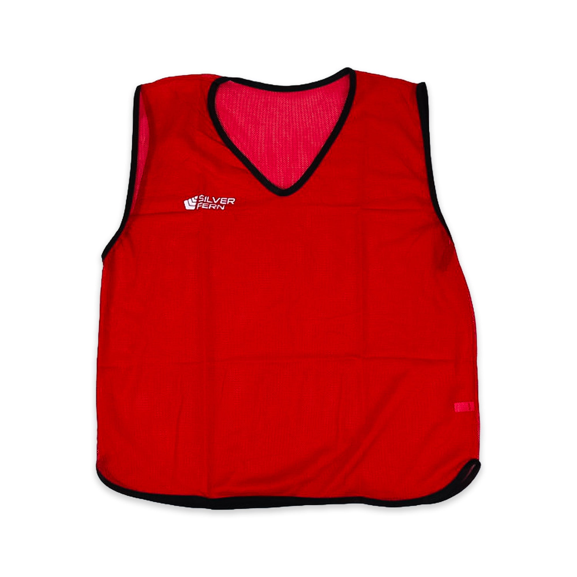 Red training bib with black trim on a white background