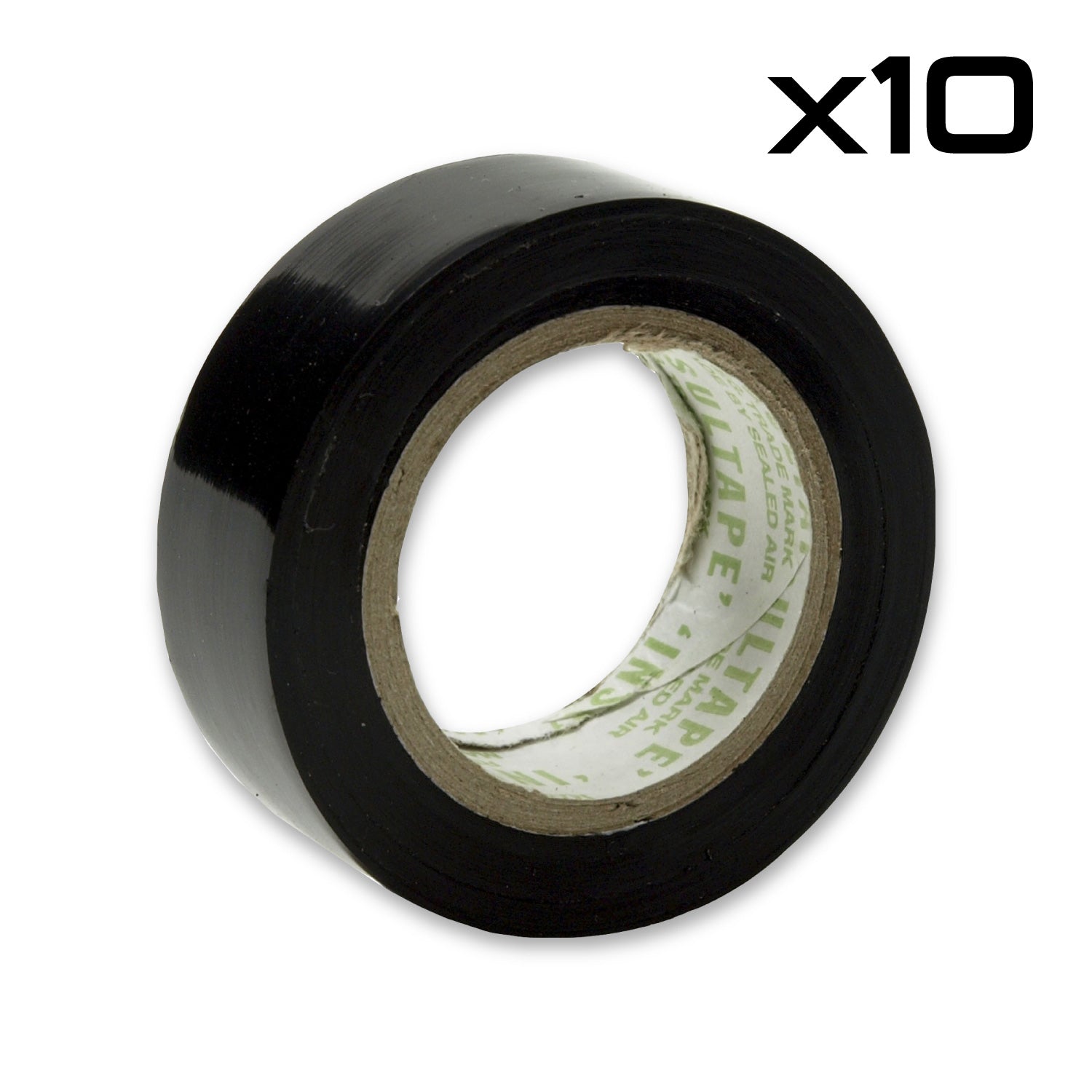 Roll of black adhesive tape with a label indicating a quantity of 10 rolls.