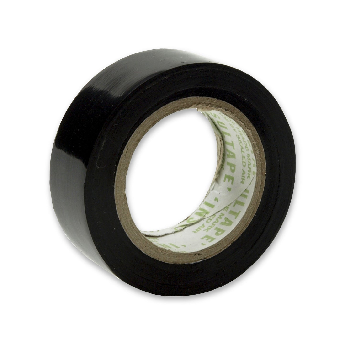 Roll of black adhesive tape on a white background, showing the inner label with green text.