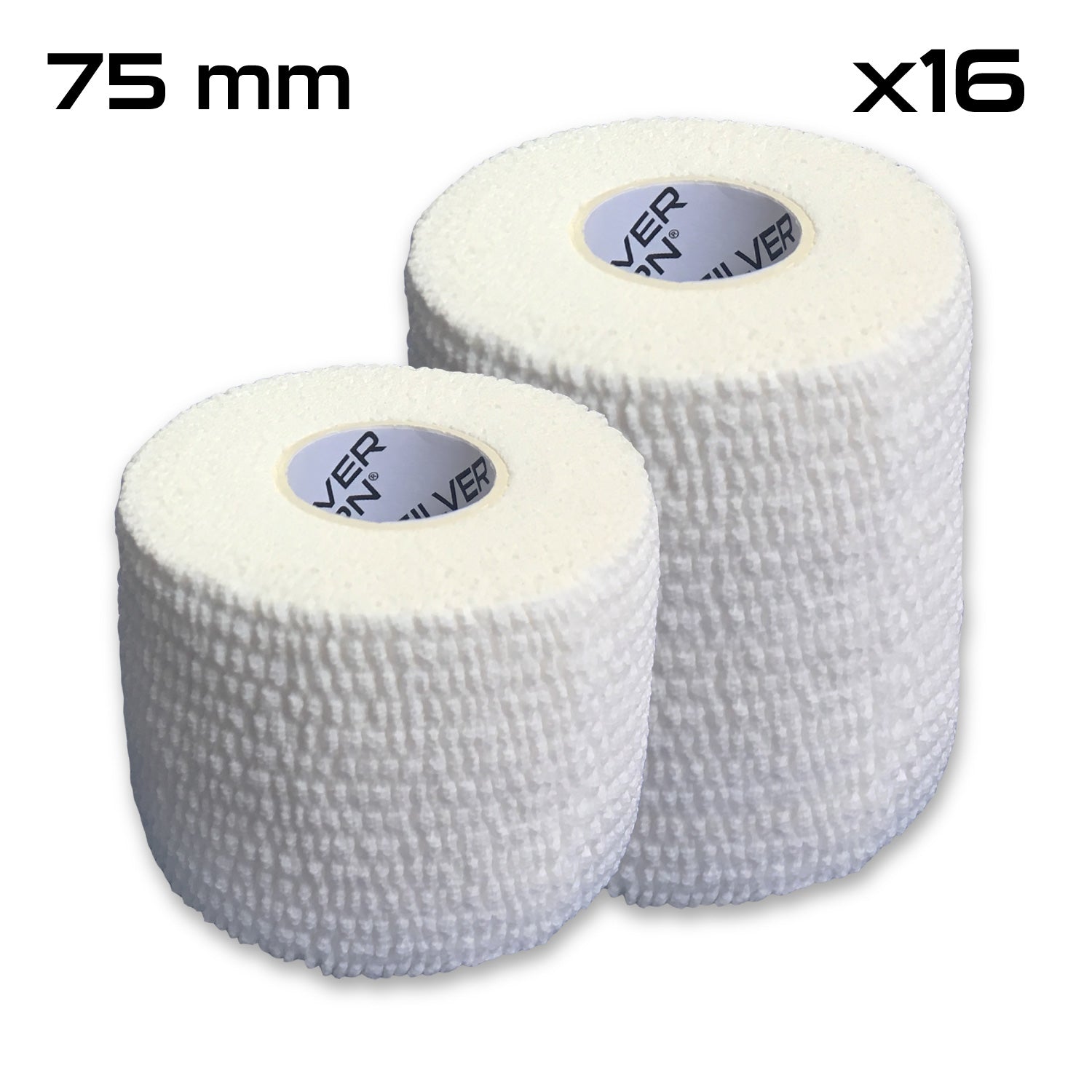 Two rolls of 75 mm white EAL tape, side by side, with a label indicating a quantity of 16 rolls.