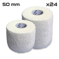 Two rolls of 50 mm white self-adhesive bandage tape, side by side, with a label indicating a quantity of 24 rolls.