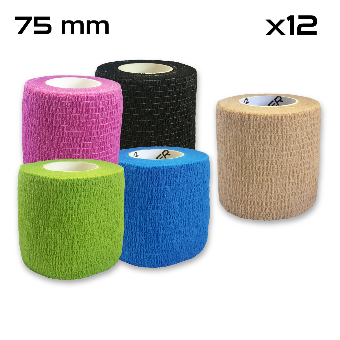 Five rolls of 75 mm self-adhesive bandage tape in assorted colors (pink, black, beige, green, and blue), arranged in a pyramid shape, with a label indicating a quantity of 12 rolls.