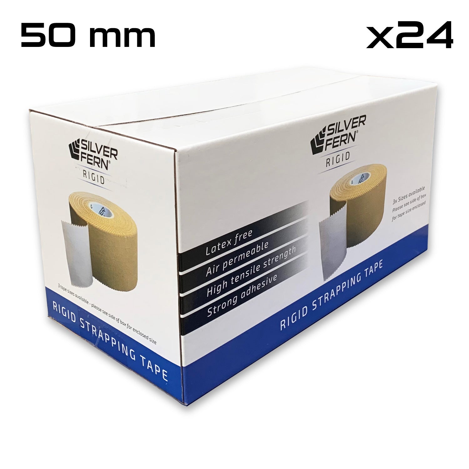 Box containing 24 rolls of 50 mm rigid strapping tape by Silver Fern, featuring product highlights such as latex-free, air permeable, high tensile strength, and strong adhesive properties.