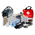 Collection of sports and first aid products including bandages, tape, and a first aid kit on a white background.