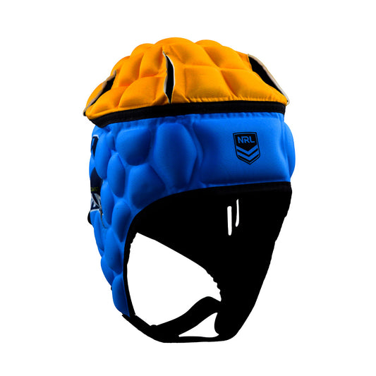 Blue and yellow helmet with NRL logo on a white background