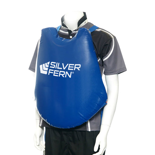 Blue bib with 'Silver Fern' logo on a mannequin against a white background