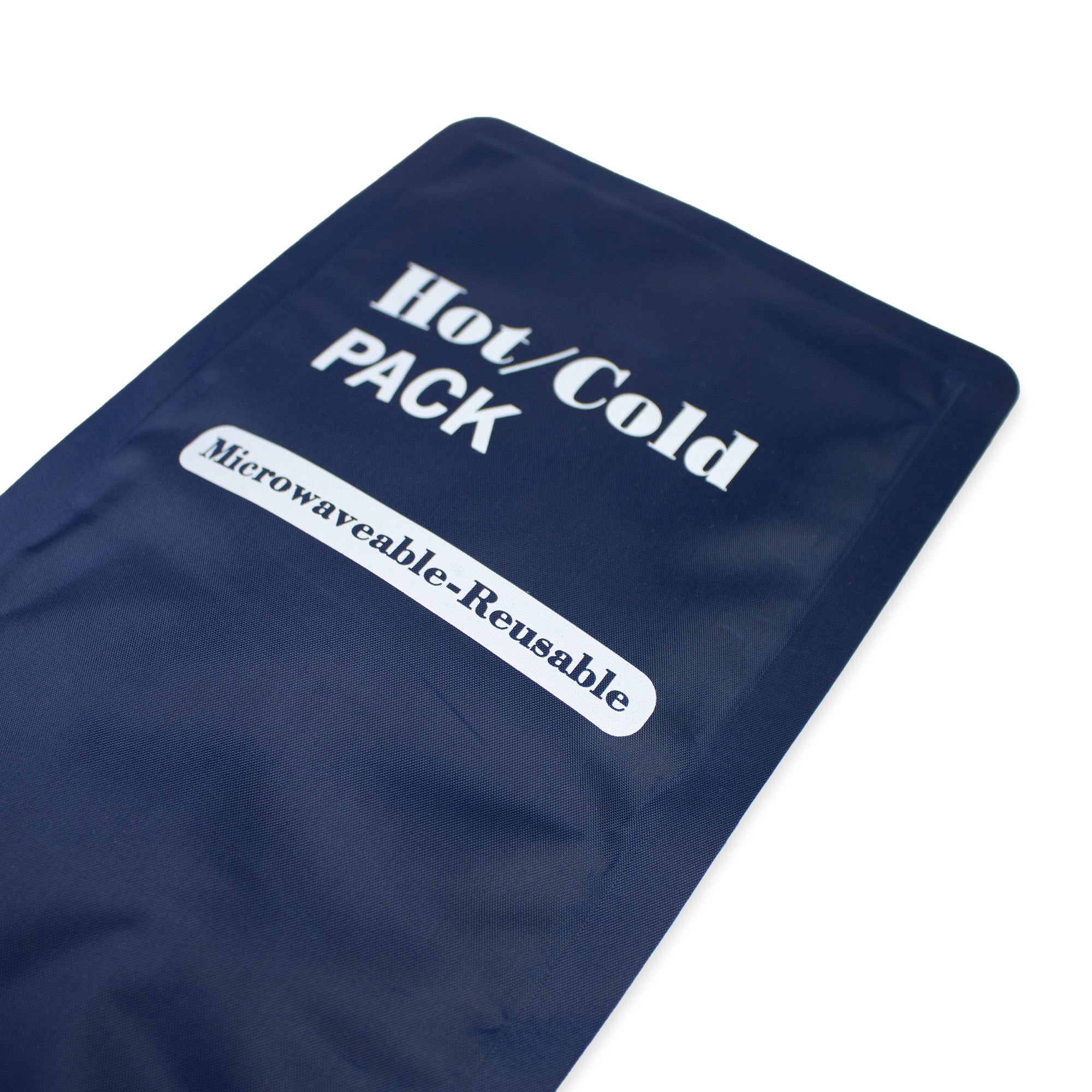 Navy blue hot/cold pack with text on a white background