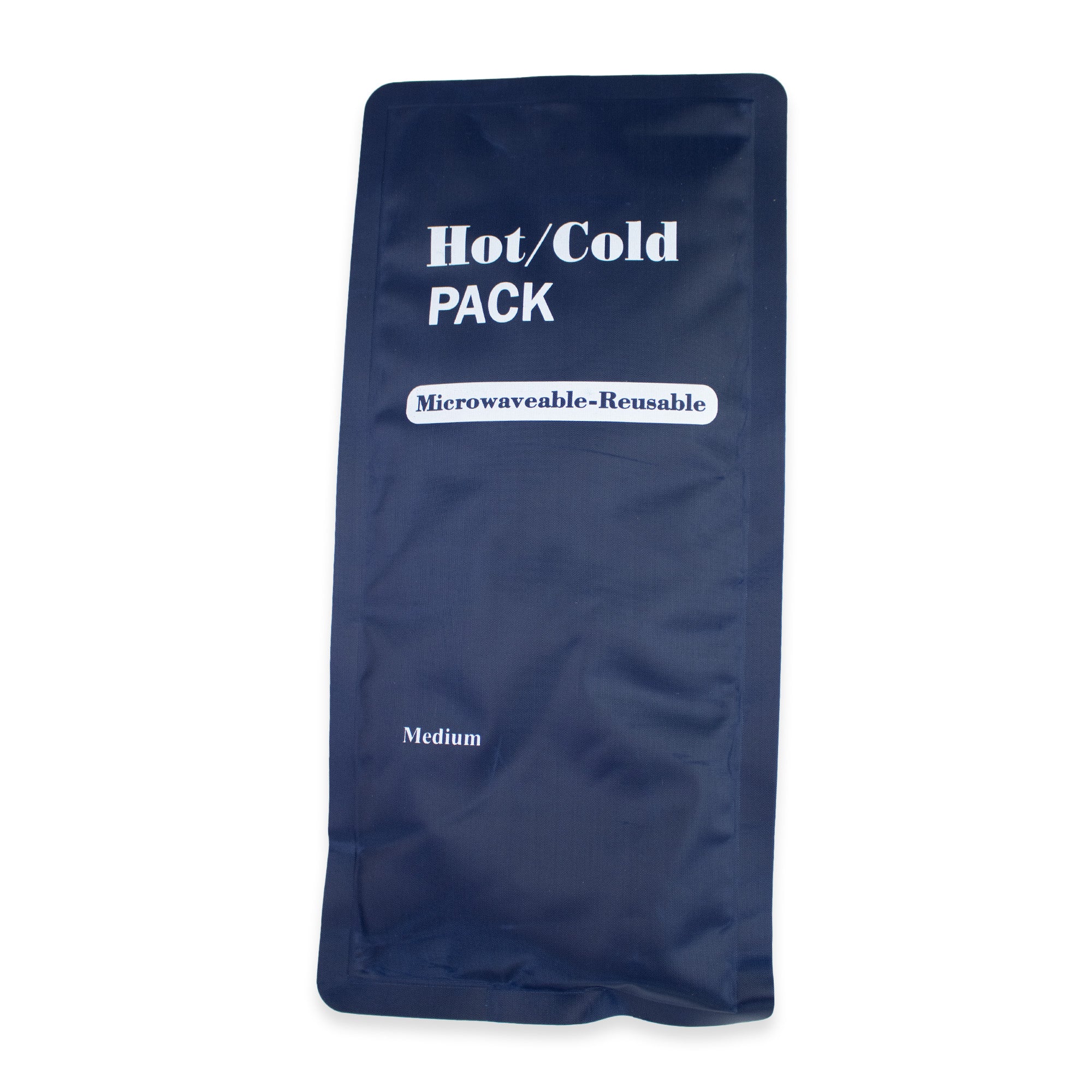 Navy blue hot/cold pack with white text on a white background