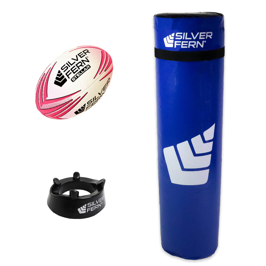 Silver Fern Intermediate Tackle Bag Combo, includes ball and kicking tee, white background photo, pink ball variation