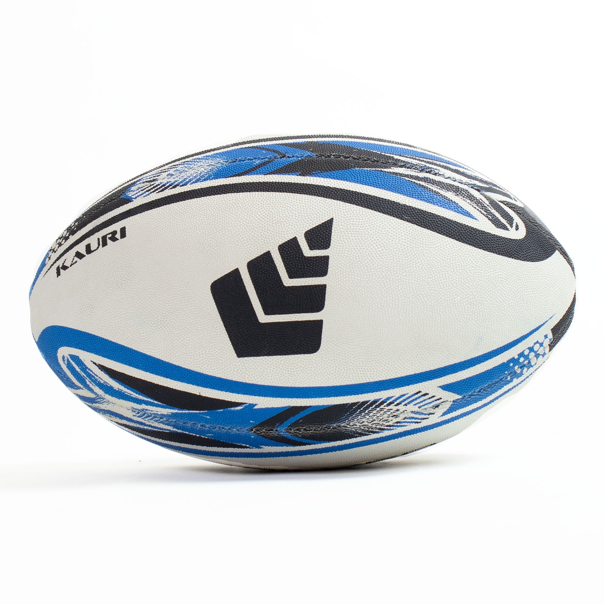 Rugby ball with blue and black patterns on a white background
