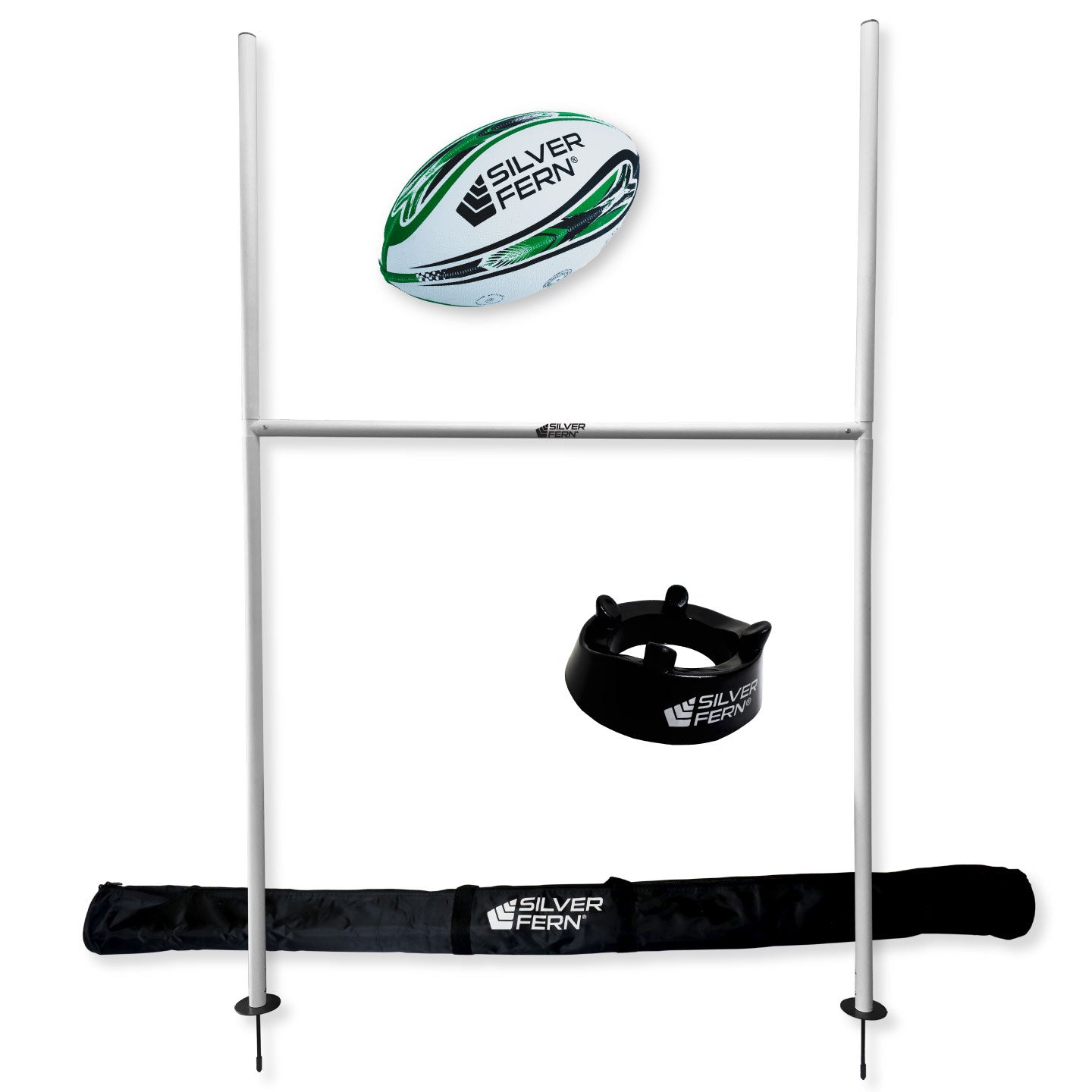 Junior Rugby League Goal Post backyard combo, includes low kicking tee and size 4 footy ball, white background.