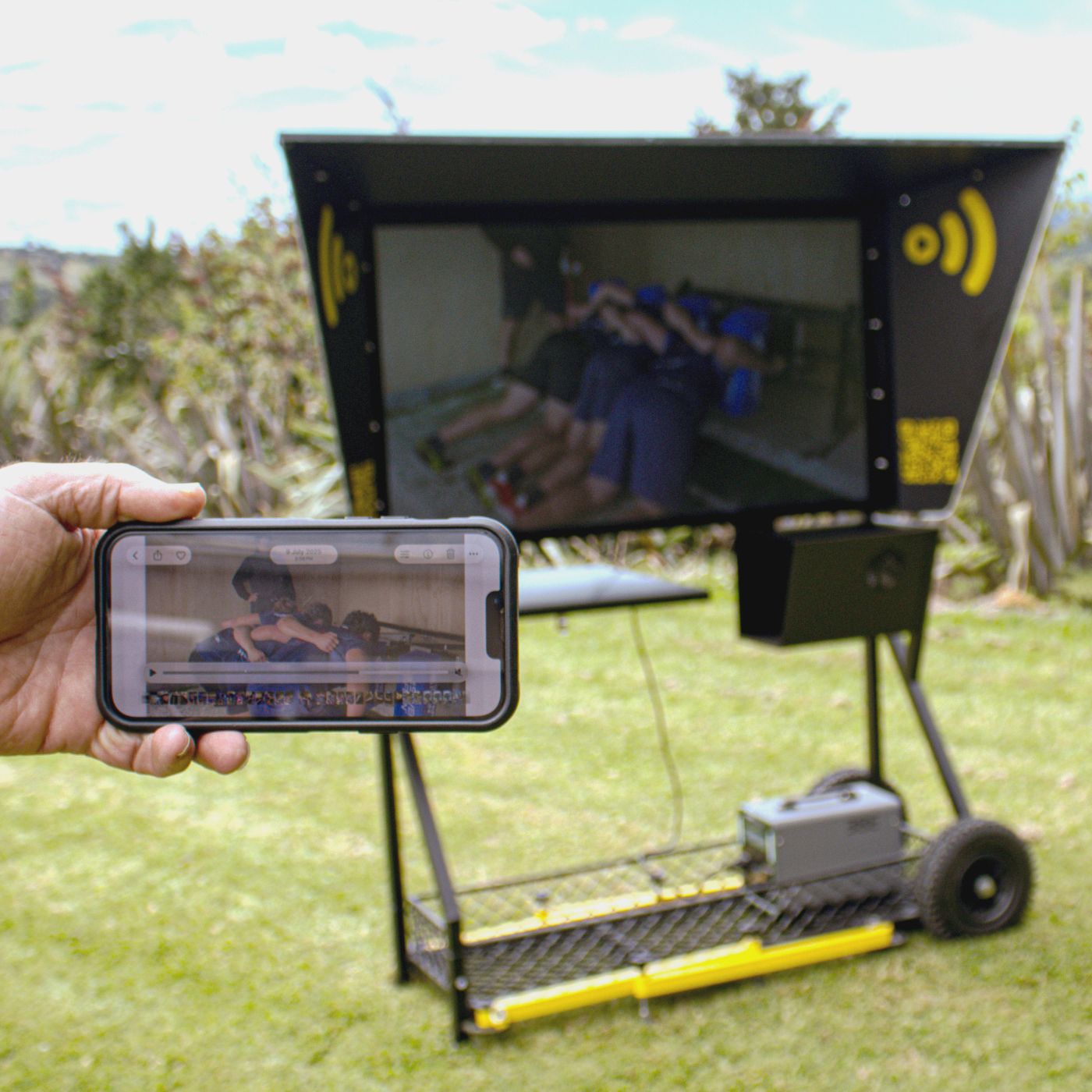 Live Cast Screen, lifestyle shot, showcasing airplay functionality with an iPhone
