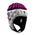 White and purple rugby helmet with visible branding on a white background