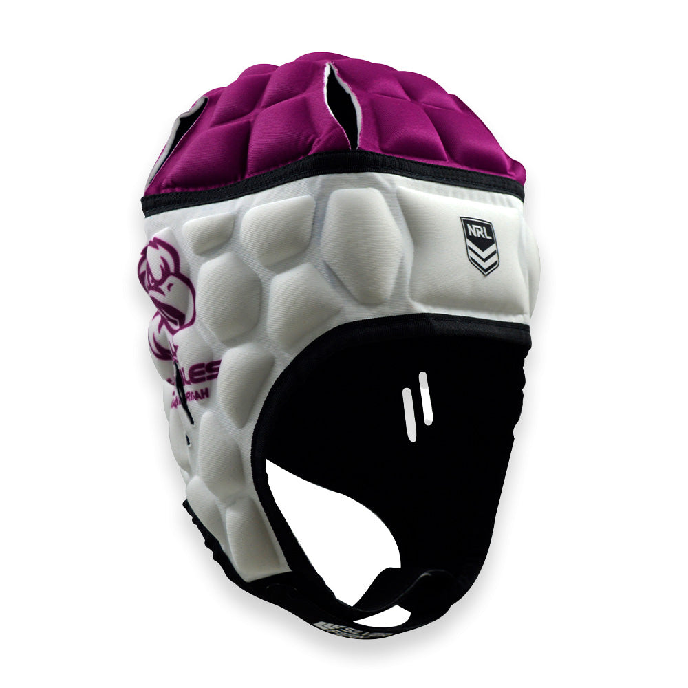 White and purple rugby helmet with visible branding on a white background