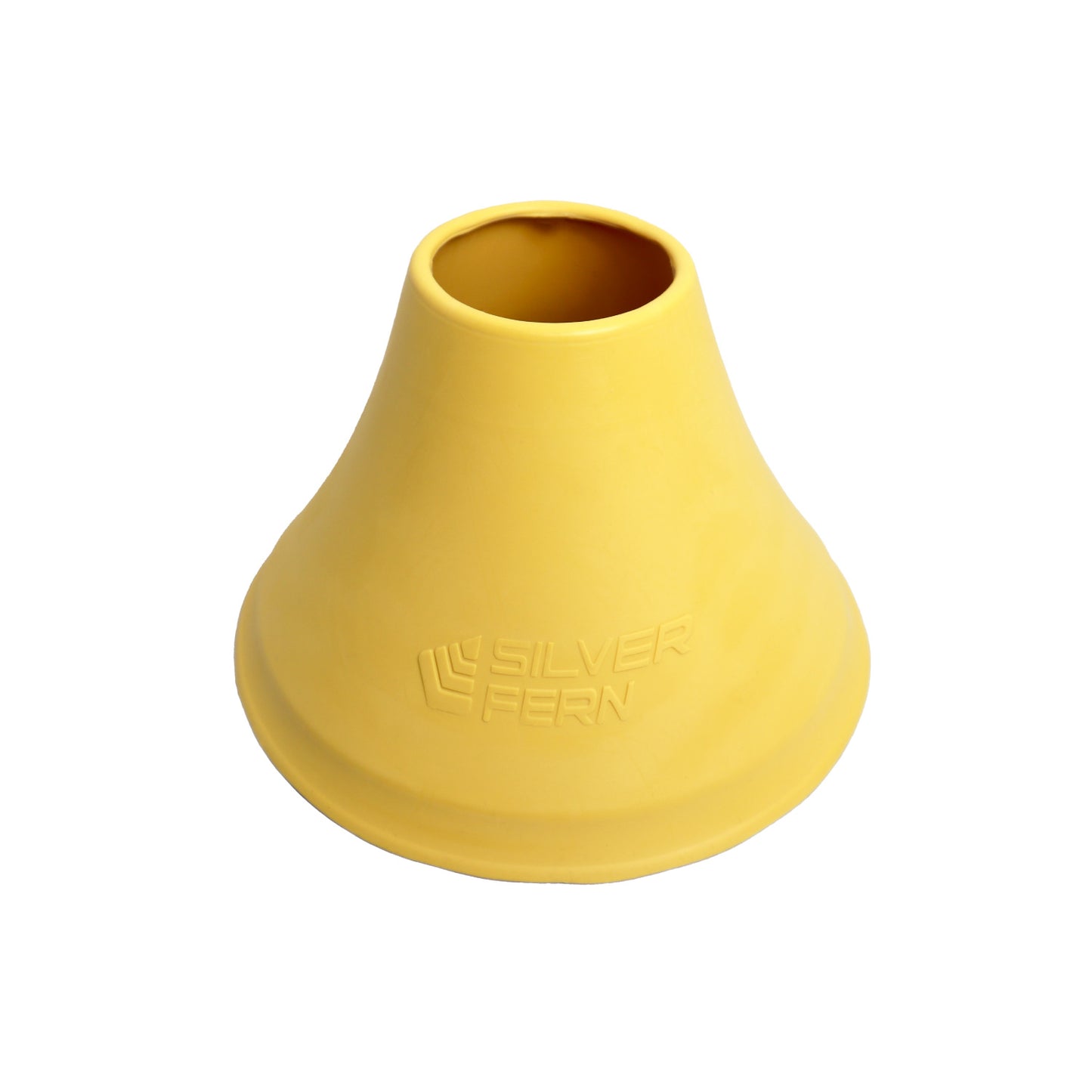 Yellow rubber cone with 'Silver Fern' branding on a white background