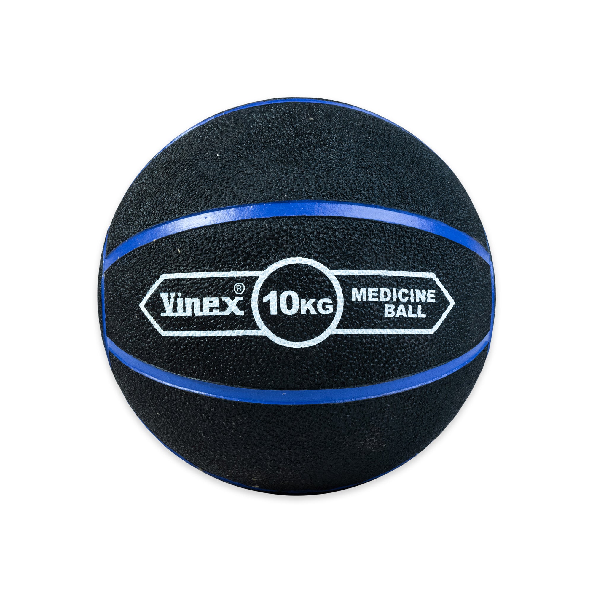 Black medicine ball with blue stripe and Vinex branding on a white background
