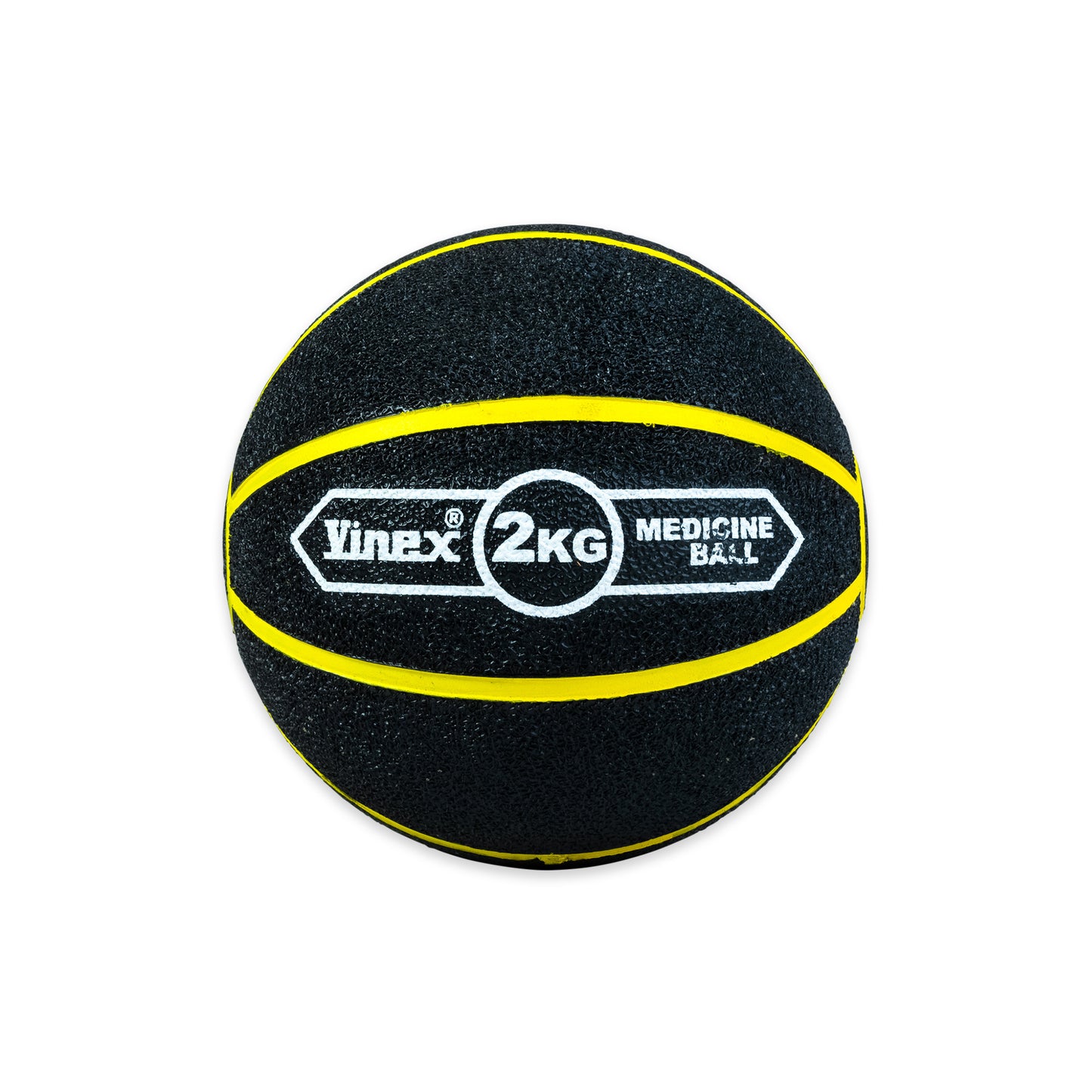 Black and yellow medicine ball with 'Vinex' branding on a white background