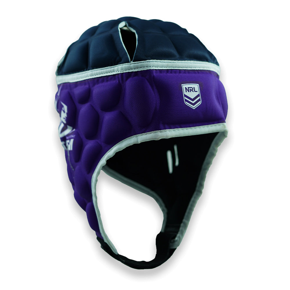 Purple rugby helmet with a visible logo on a white background