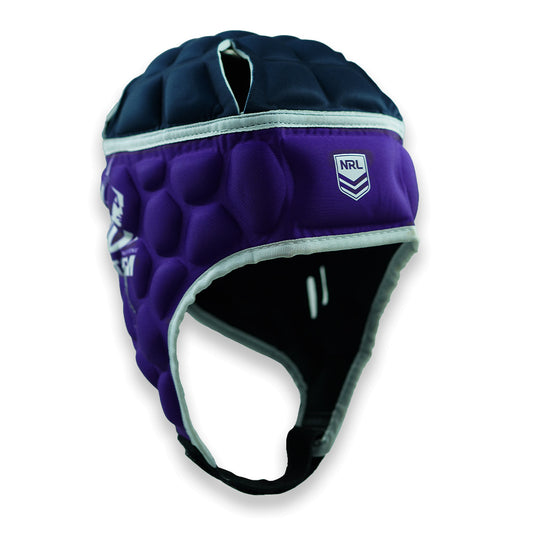 Purple rugby helmet with a visible logo on a white background