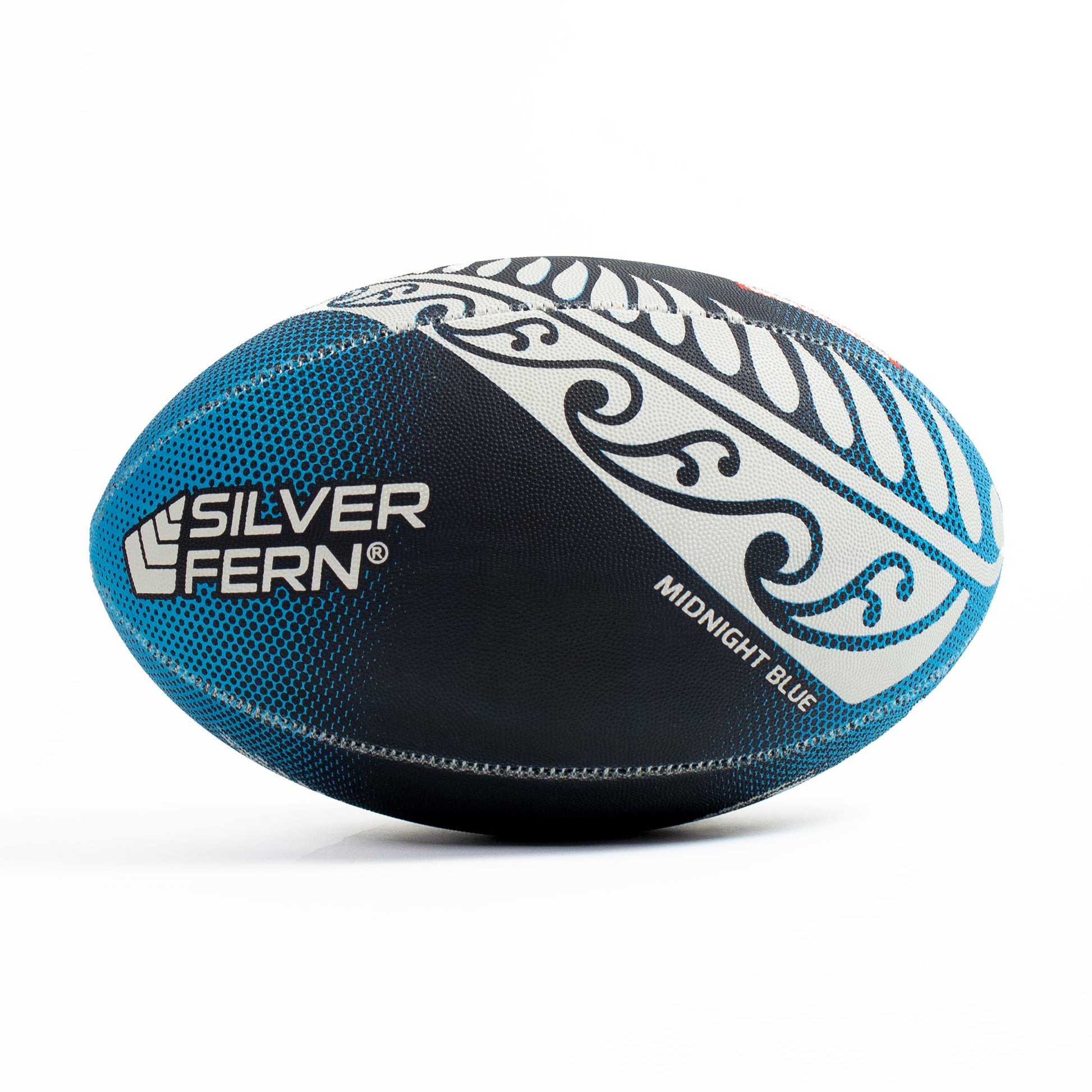 Blue and black rugby ball with Silver Fern branding on a white background