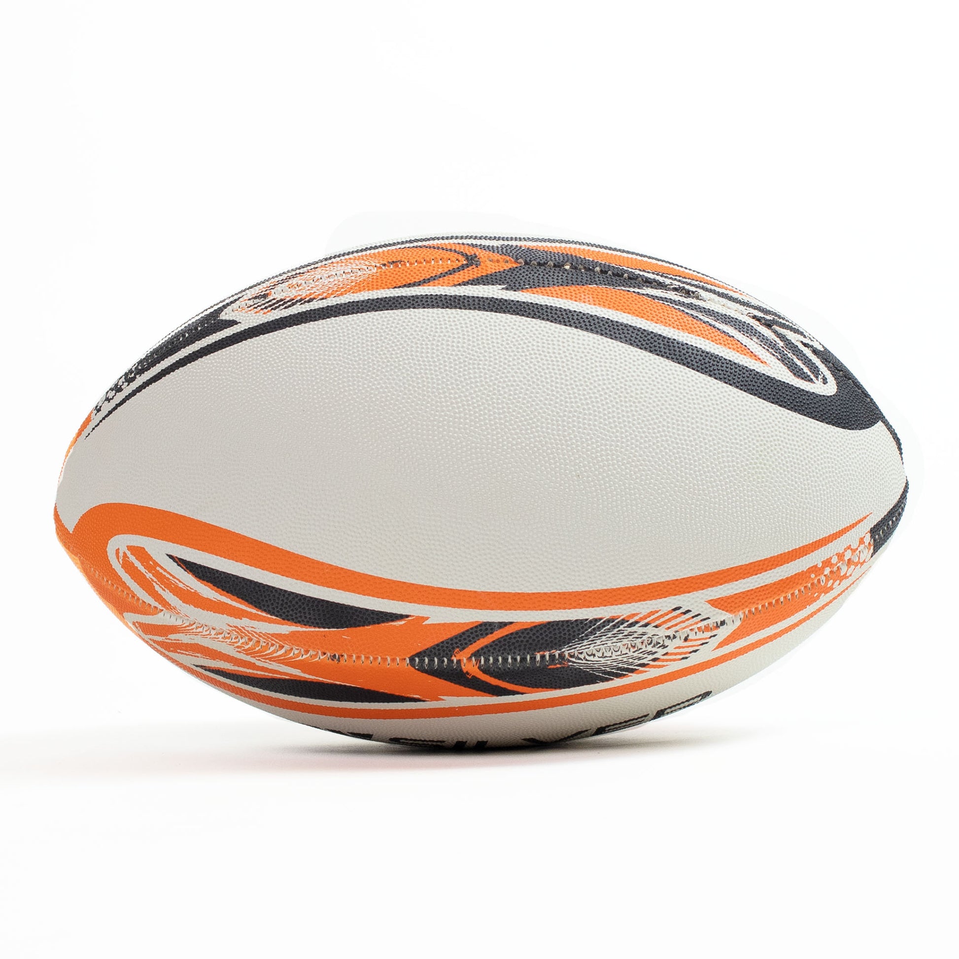 White rugby ball with orange and black patterns on a white background