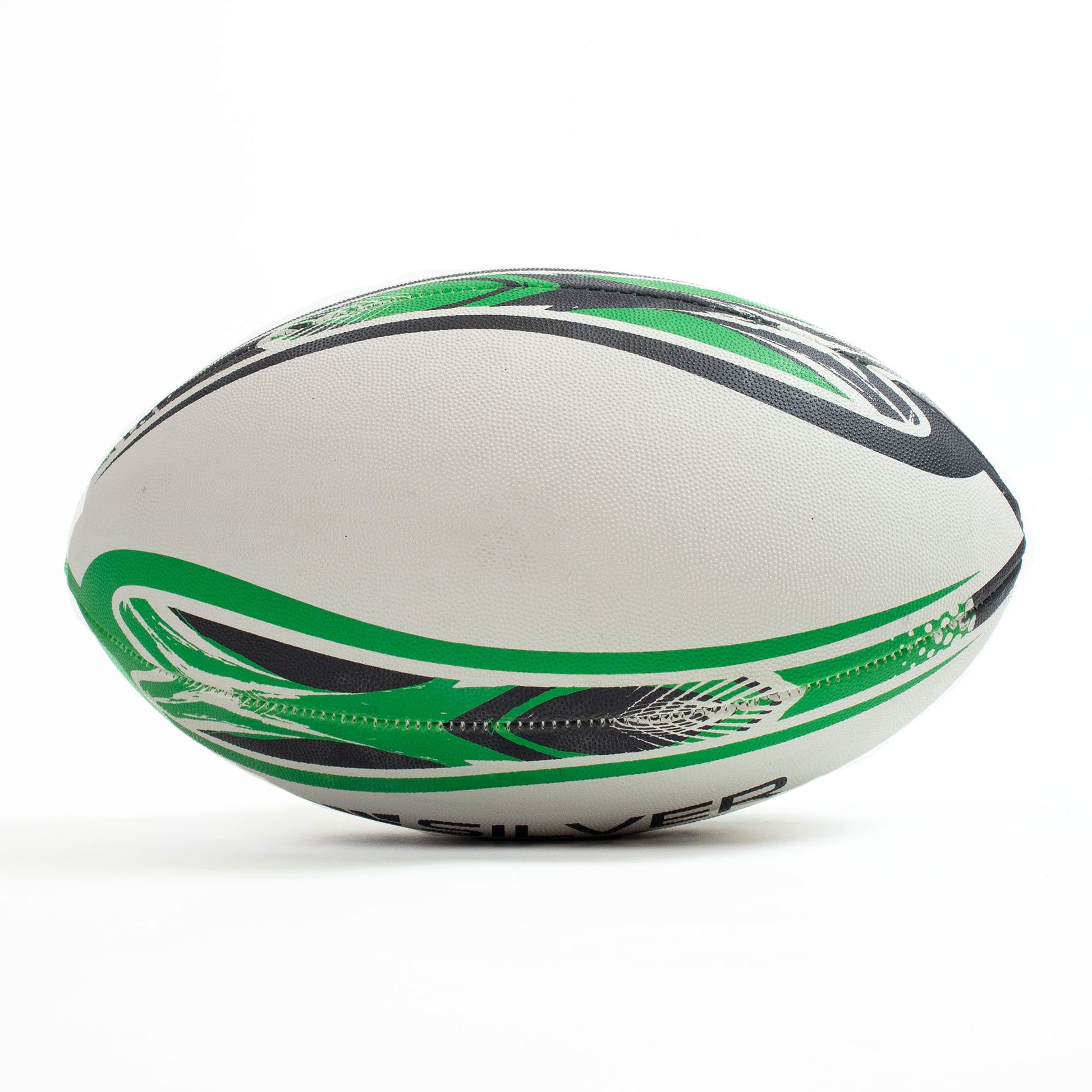 White rugby ball with green and black patterns on a white background