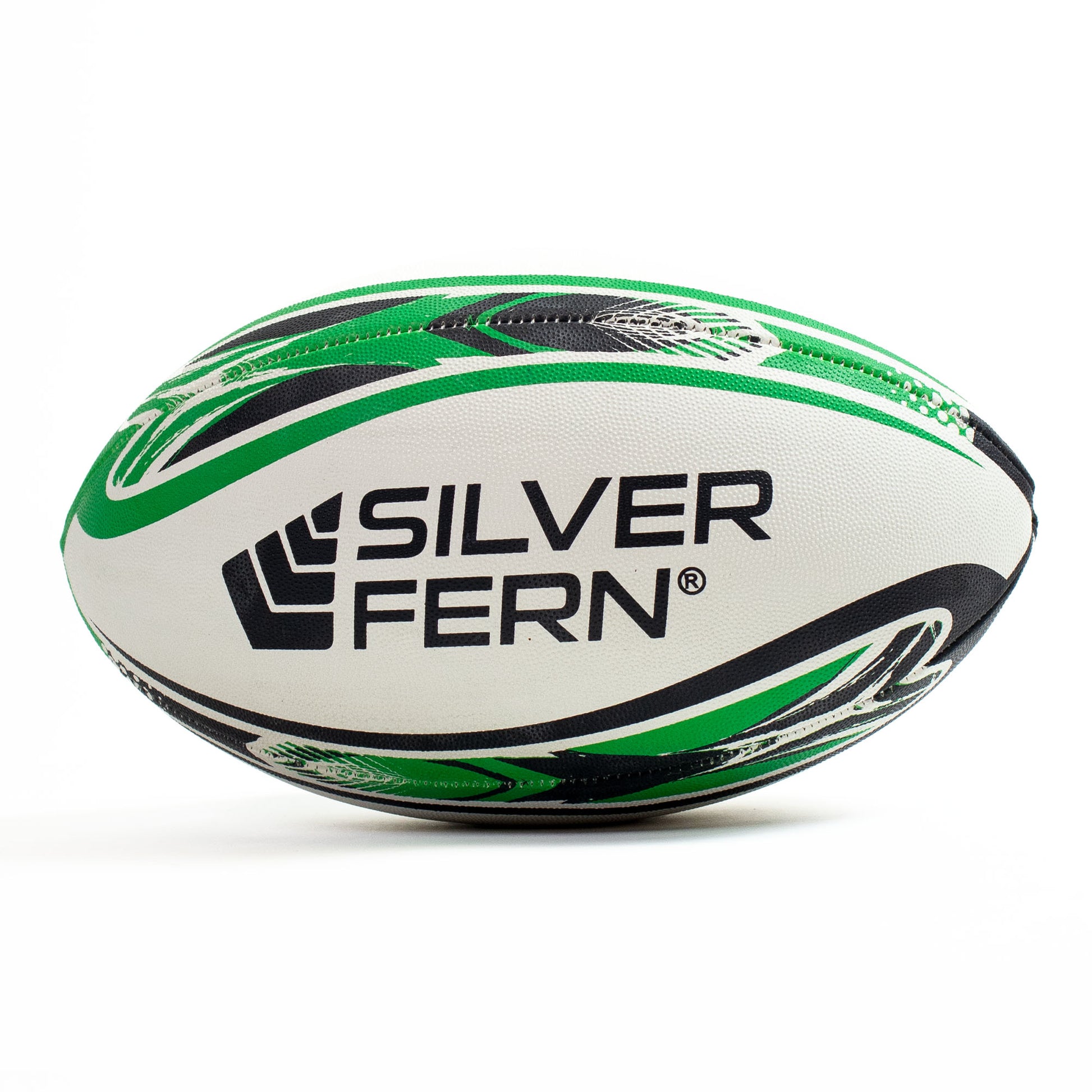 Green and white rugby ball with 'Silver Fern' branding on a white background