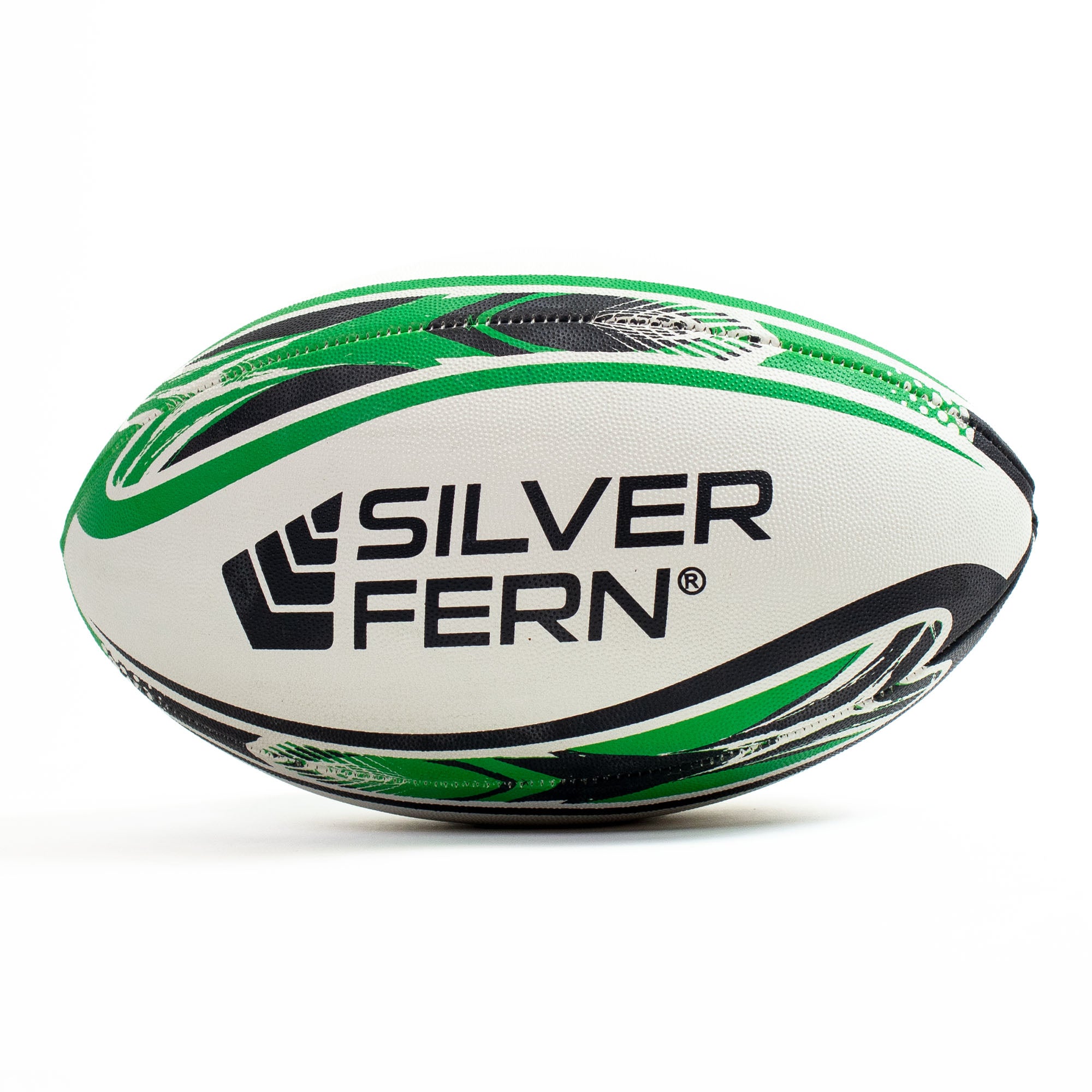 Green and white rugby ball with 'Silver Fern' branding on a white background