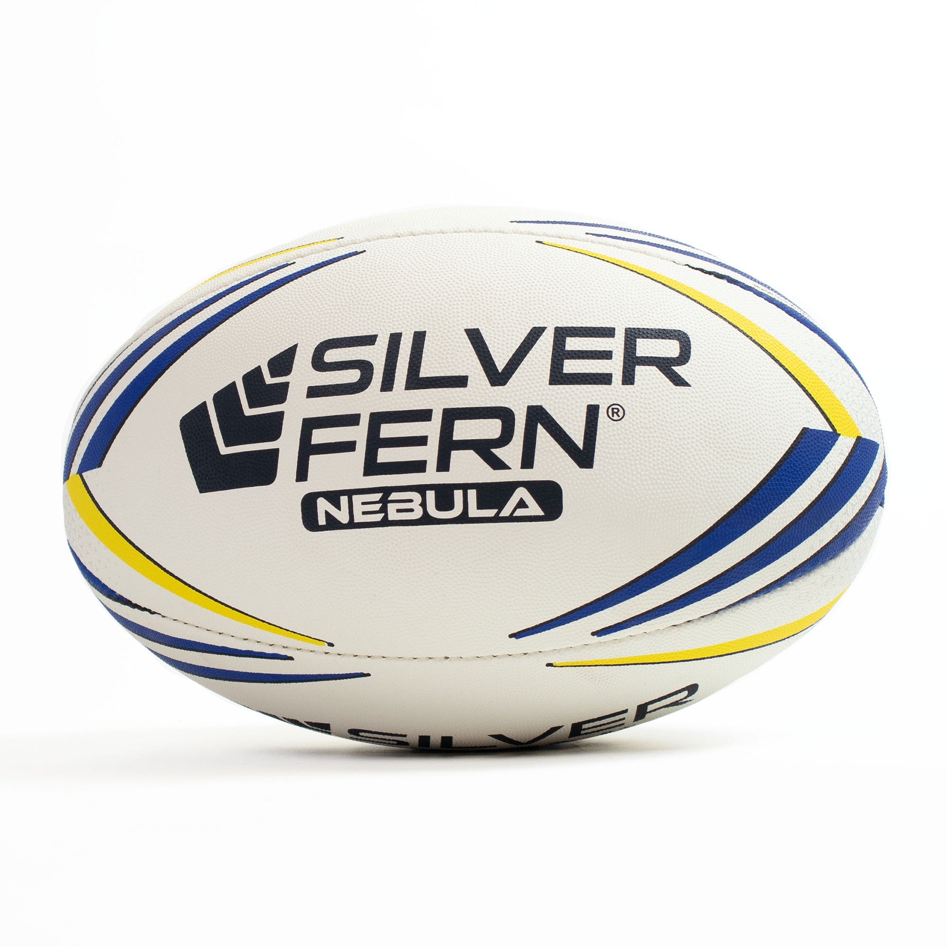 White rugby ball with blue and yellow stripes and 'Silver Fern' branding on a white background