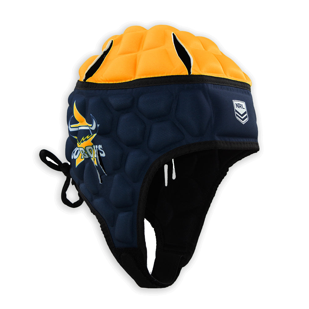 Navy and yellow rugby helmet with a logo on a white background