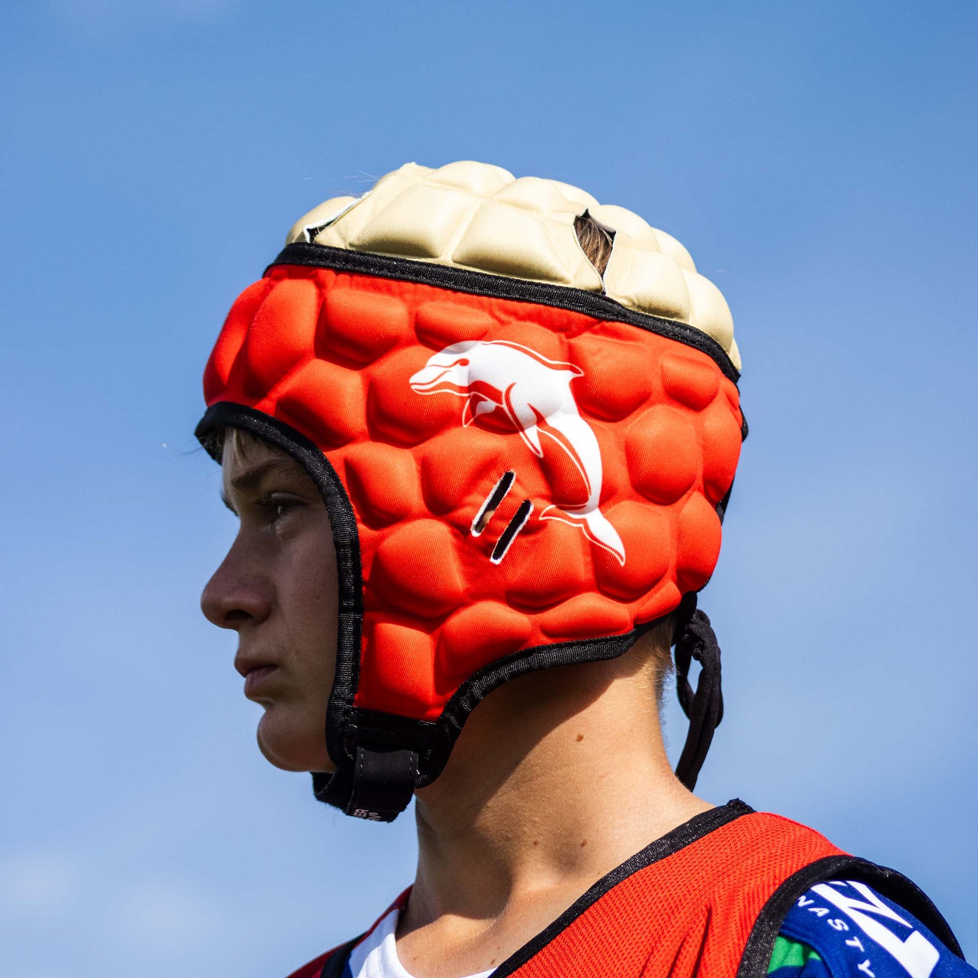 Official NRL Headgear, Dolphins, lifestyle image, side.