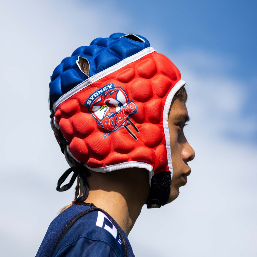 Official NRL Headgear, Sydney Roosters, lifestyle image, side.