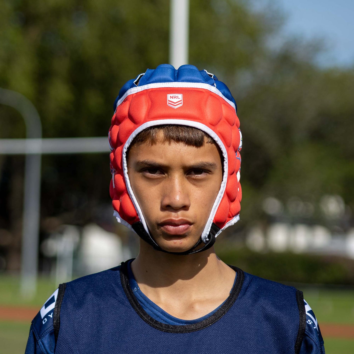 Official NRL Headgear, Sydney Roosters, lifestyle image, front.