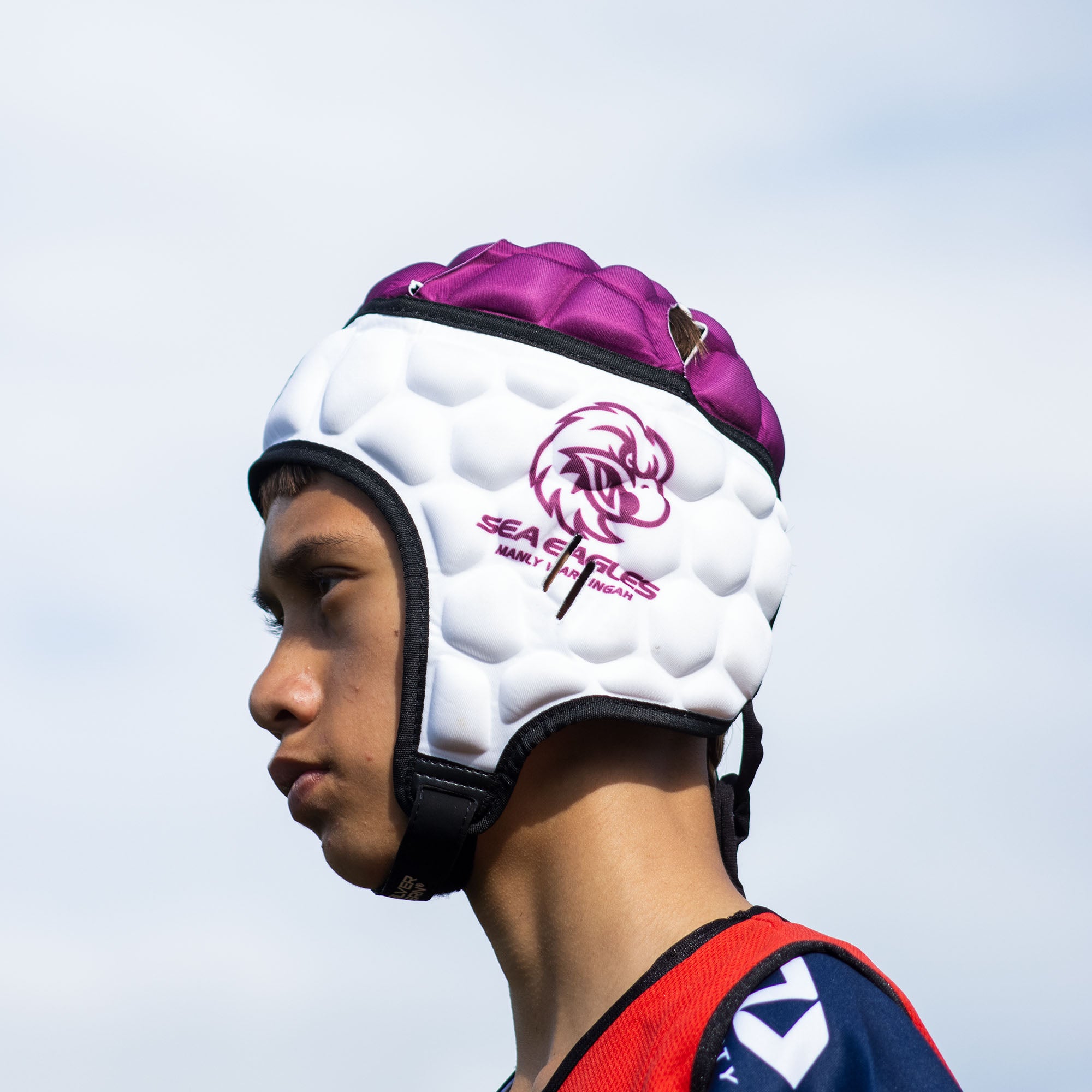 Official NRL Headgear, Manly Warringah Sea Eagles, lifestyle image, side.